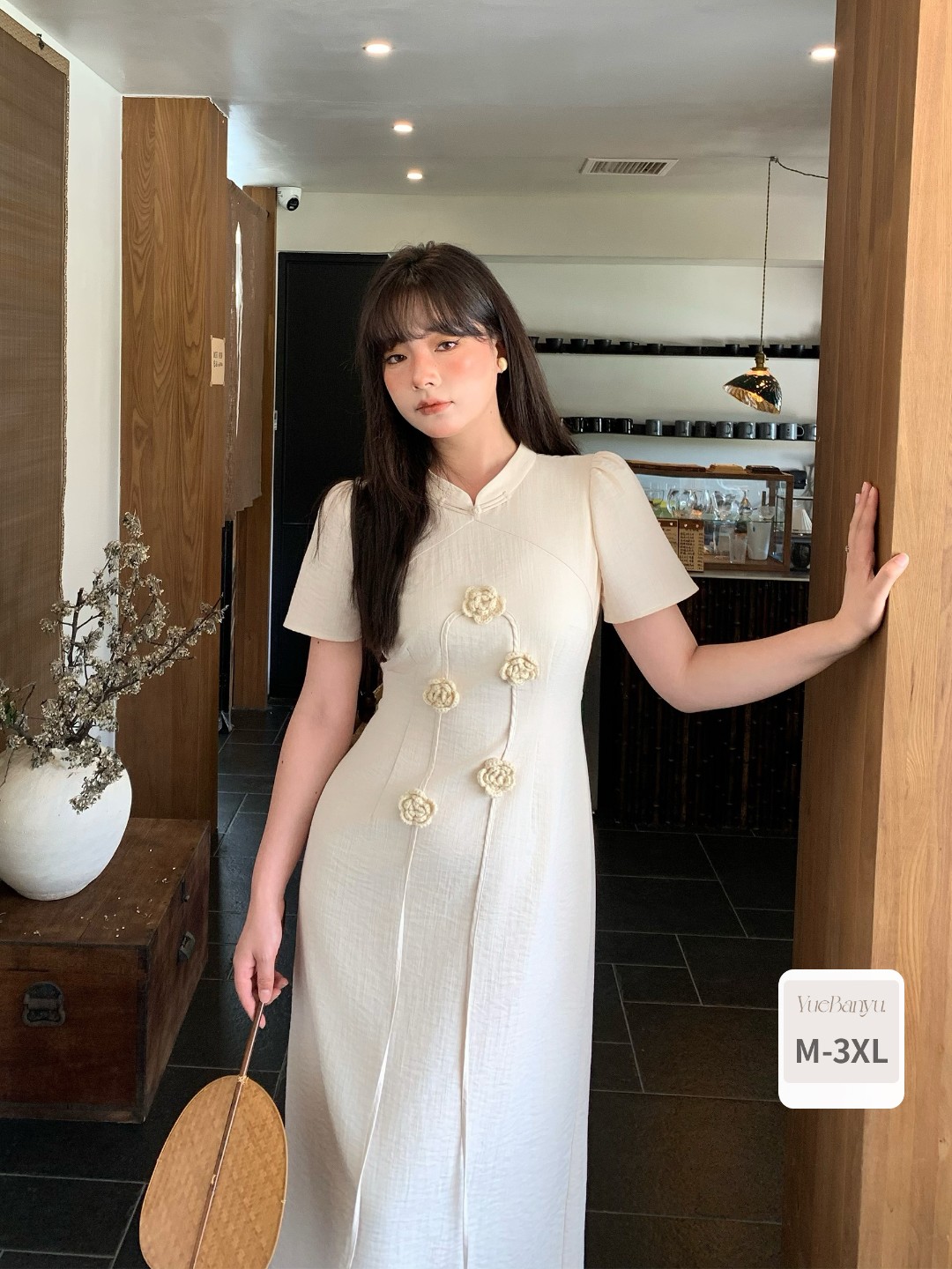 月半鱼【内购会】新中式米白花朵旗袍连衣裙改良长裙女气质显瘦