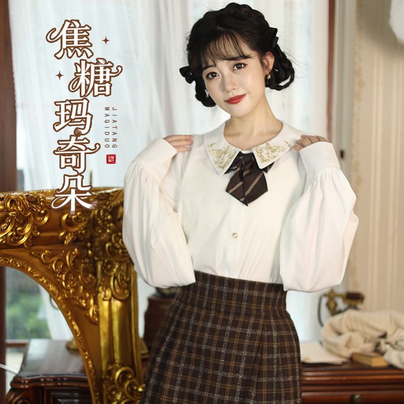 听月小筑【焦糖玛奇朵】原创女春秋毛衣衬衣格子裙国风新中式汉服