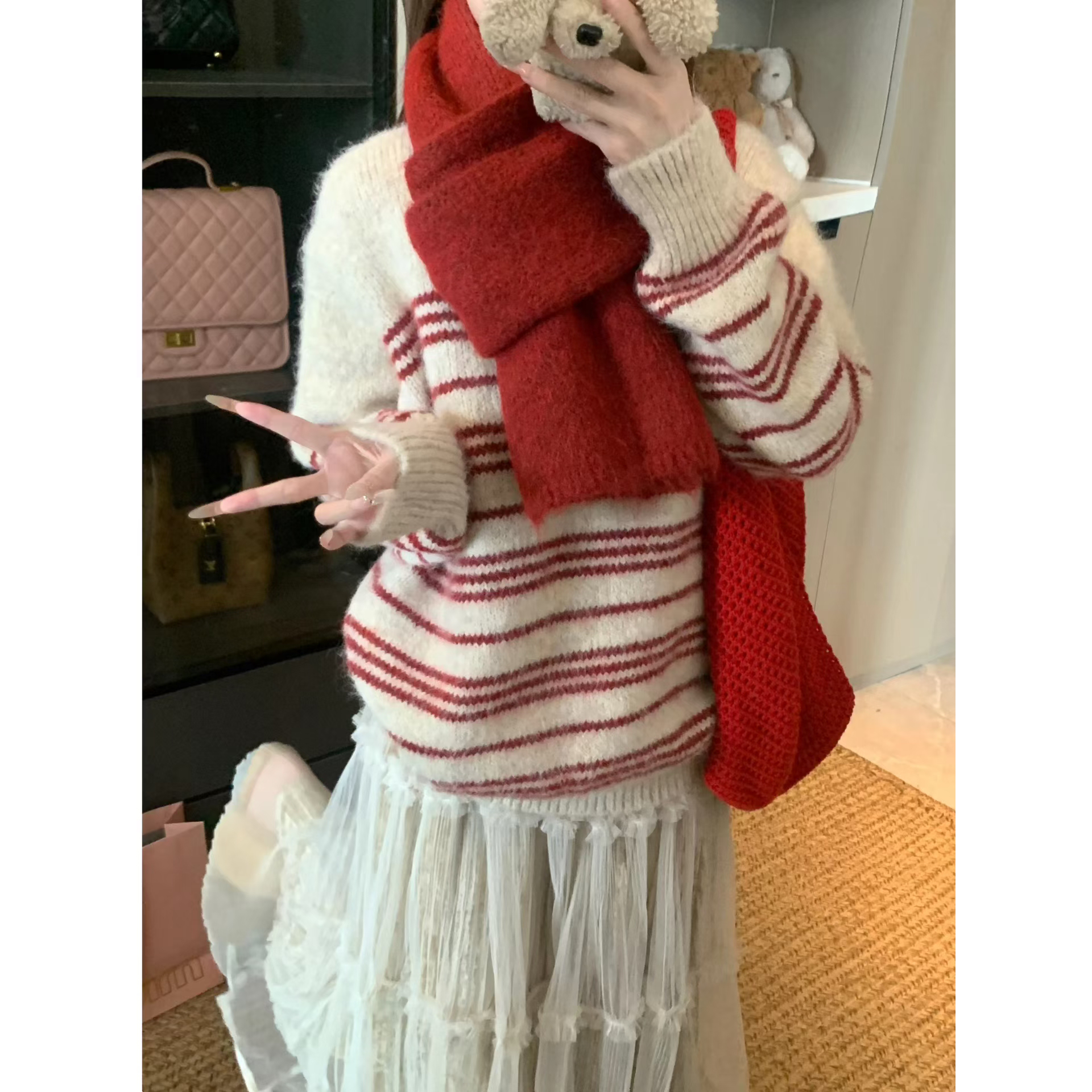慵懒风复古条纹针织毛衣女2025秋冬韩系大版宽松显瘦百搭圆领上衣