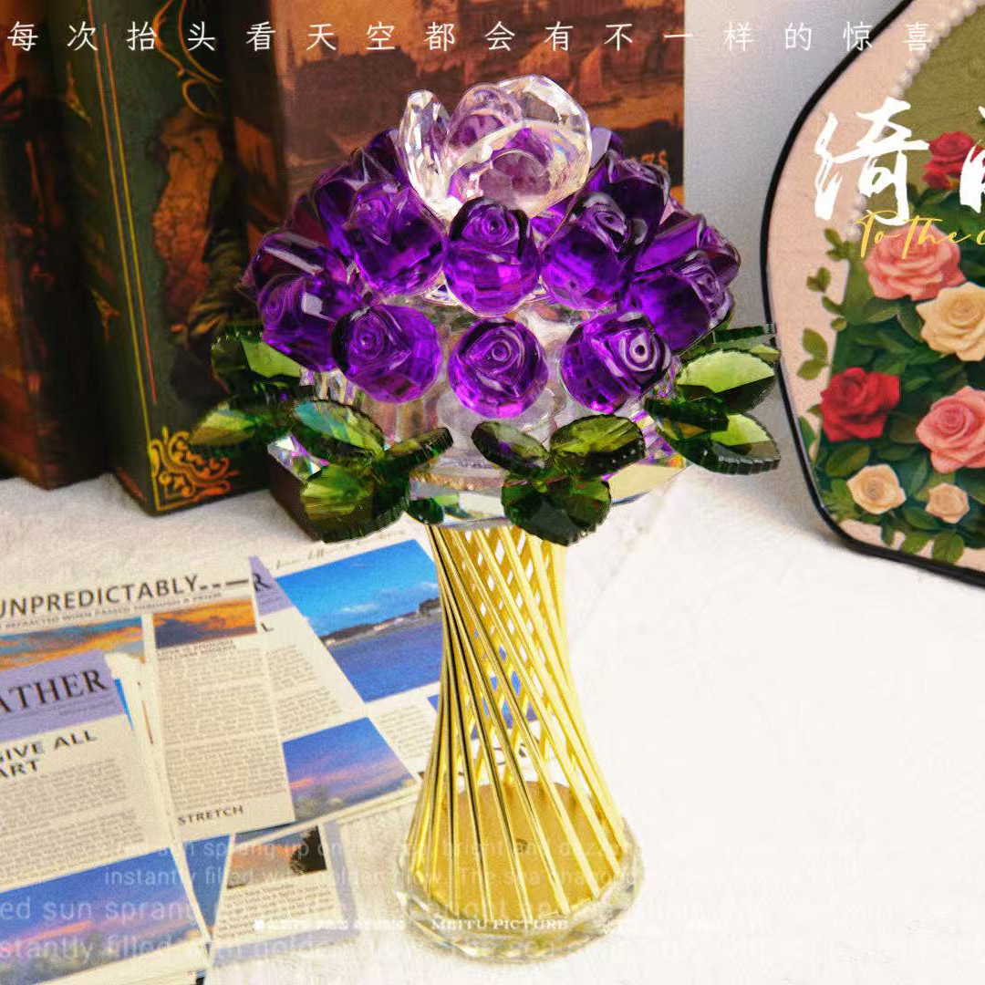 【艺品专属】K9水晶玫瑰深紫手捧花桌面摆件玫瑰花装饰结婚婚庆送礼