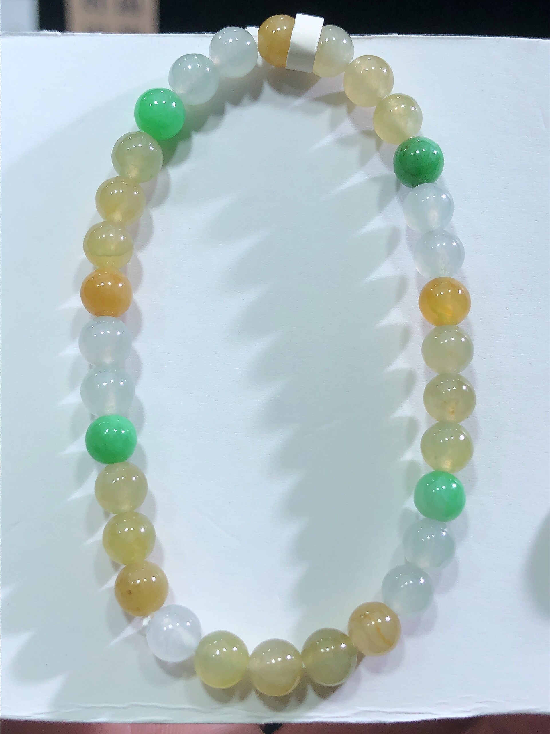 缅甸天然翡翠A货冰种三彩黄加绿圆珠手串（5+）