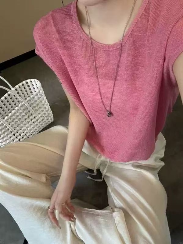 /玫瑰粉飞袖/舒适透气薄款飞袖针织衫女 衣长52 胸围52 95209