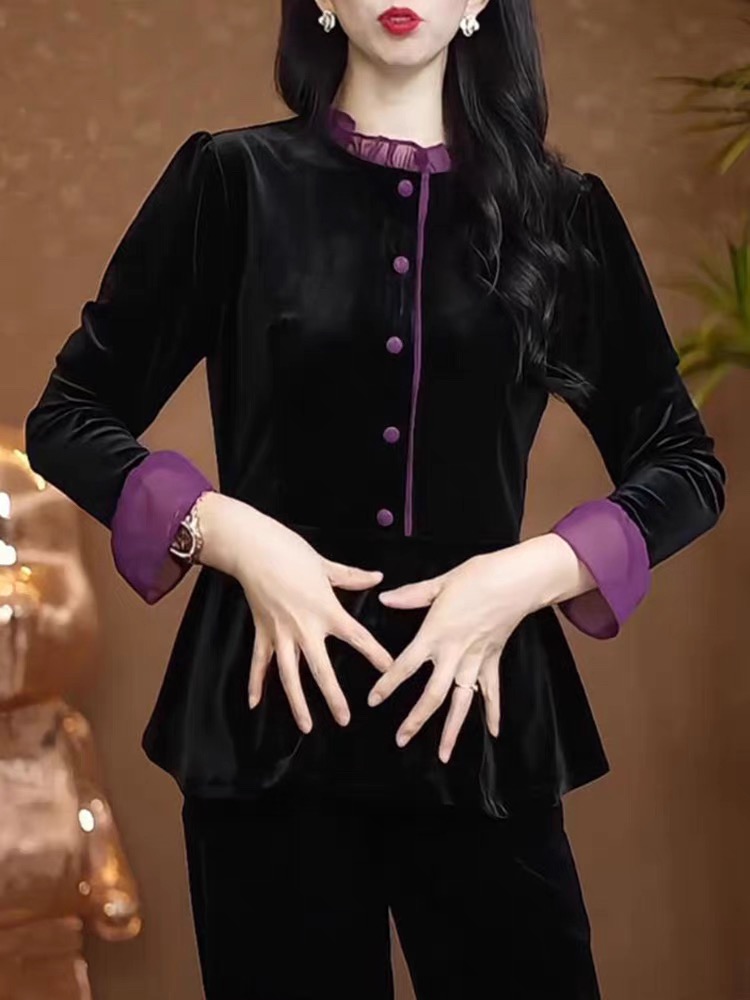 黑色法式气质上衣女时尚木耳边秋季女装J显瘦百搭洋气女士衬衫