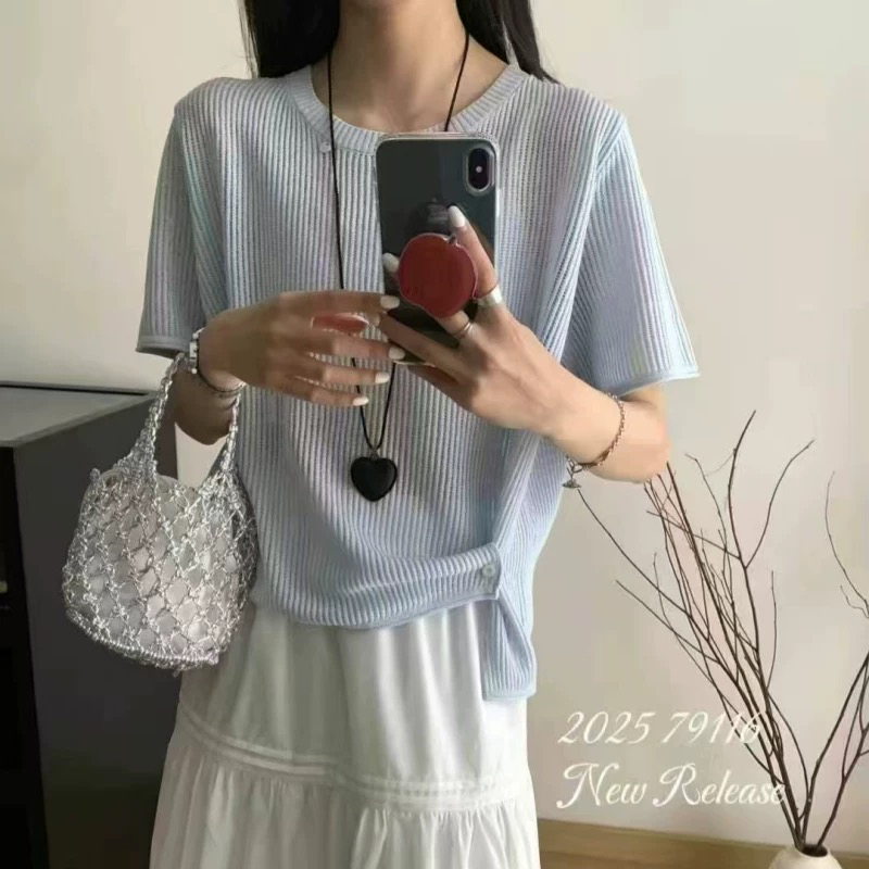 纯色镂空女夏季圆领短袖毛针织衫打底针织衫女装百搭宽松