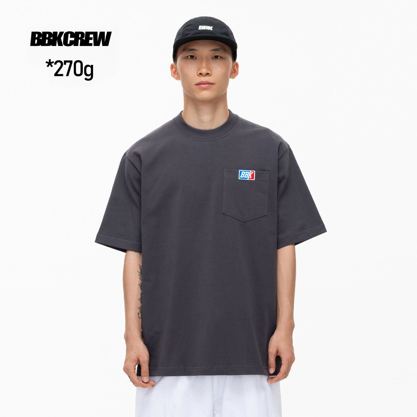 BBK 270g重磅 纯色T恤 净色小领口纯棉 打底口袋短袖BBOY街舞嘻哈