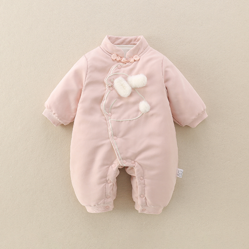 女宝宝秋冬装连体衣新生儿小兔子夹棉哈衣外套婴儿冬季保暖外出服