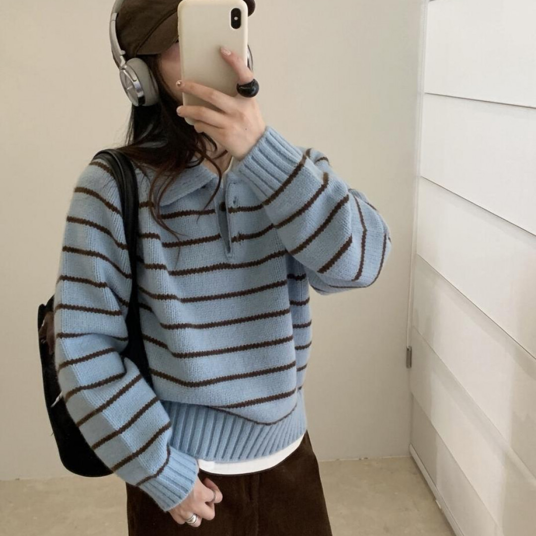  针织女厚款POLO领翻领长袖条纹毛针织衫宽松女装秋冬季慵懒风