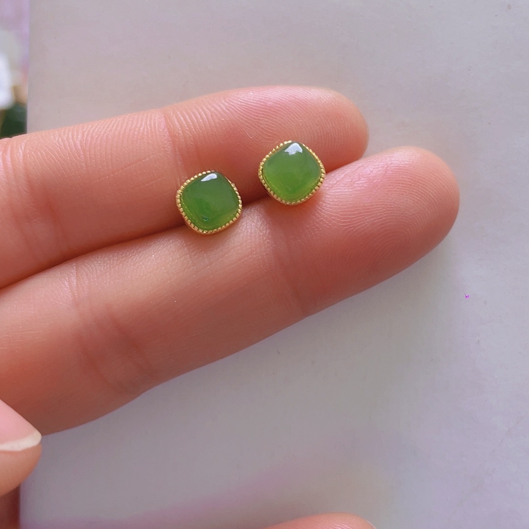 和田玉耳饰银S925镀金镶嵌