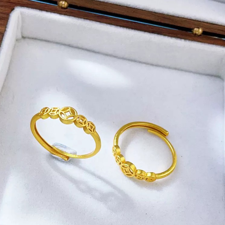  【矿金手作】来财五帝钱戒指 活口 精工