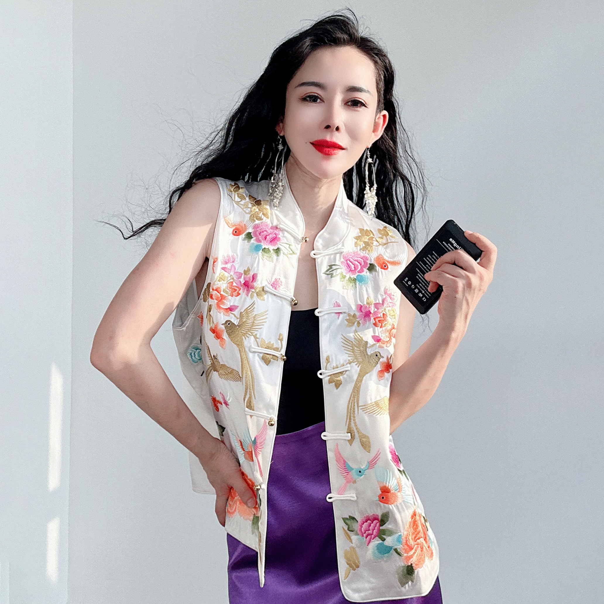 015016-新中式原创国风女装真丝醋酸马甲衬衣半裙系列