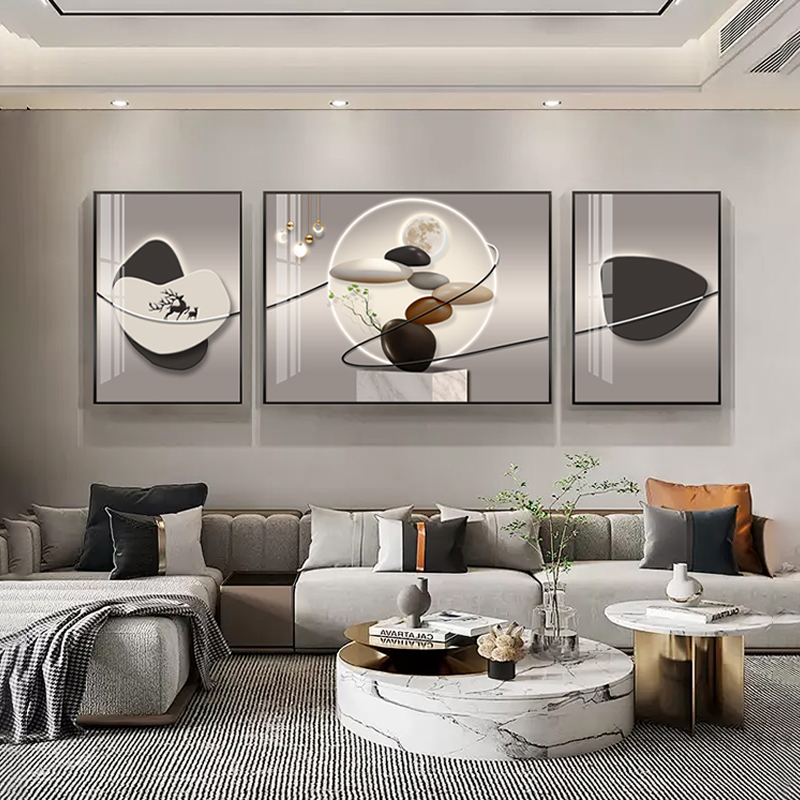 石来运转客厅装饰画现代轻奢高级感沙发背景墙挂画三联画网红壁画