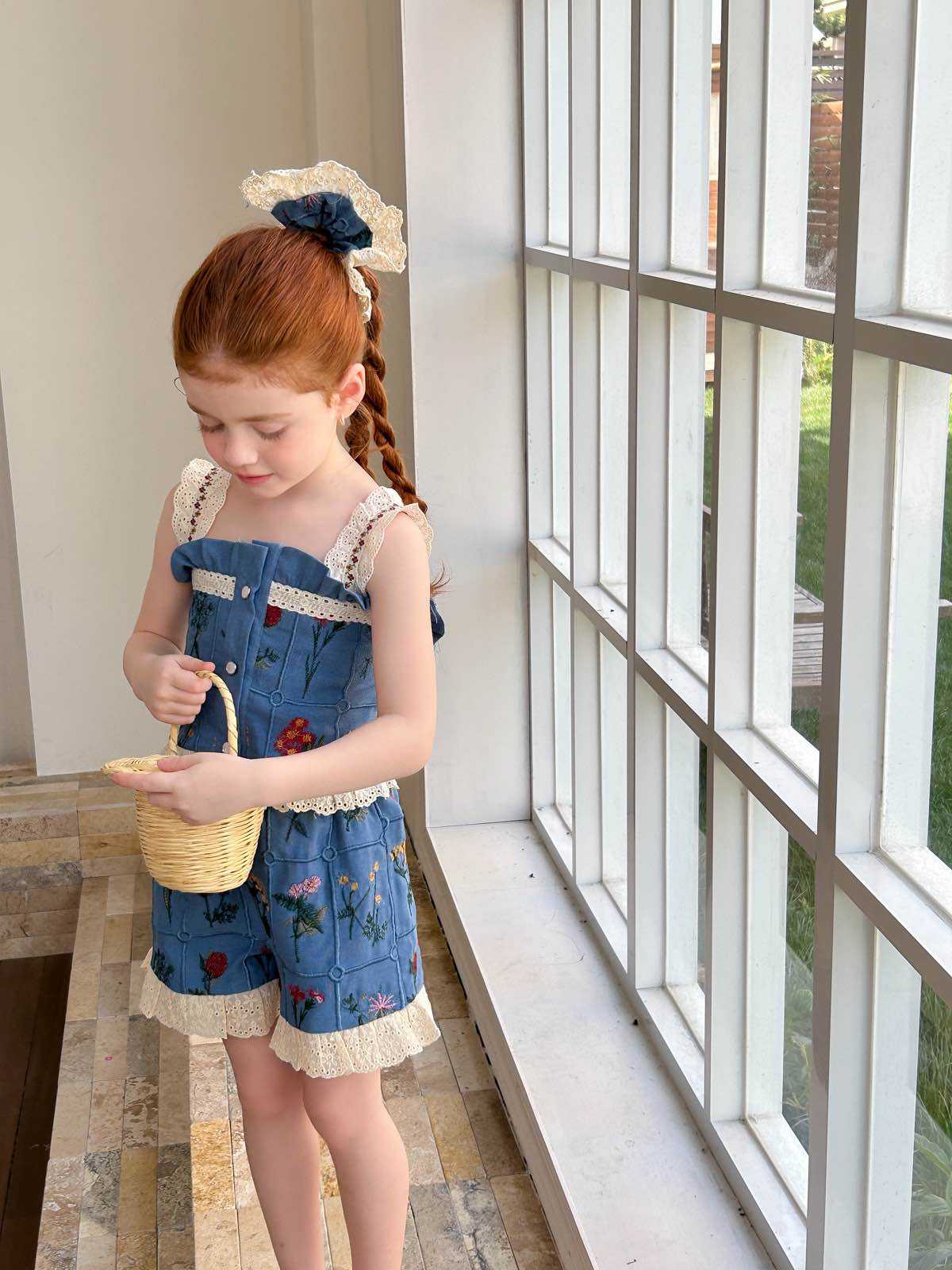 【现货】252-蜜桃汁童装2025年夏季新款韩版刺绣套装-57270蓝色