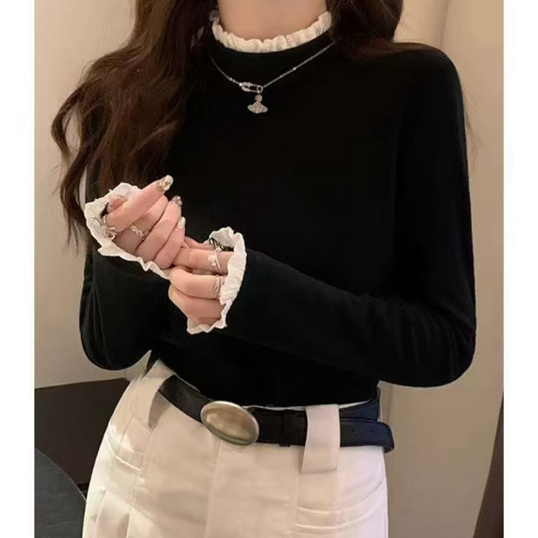 蕾丝花边女长袖半高领纯色修身型常规极简风套头时尚T恤