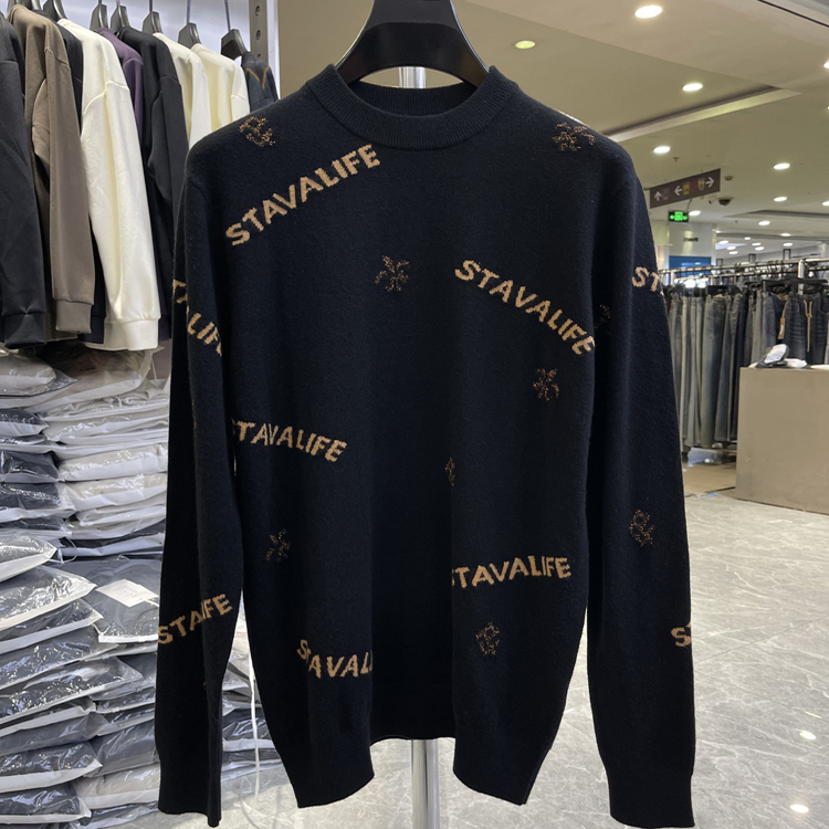 （603）含绵羊毛驼绒舒适保暖满身字母男士圆领毛衣品牌撤柜剪标