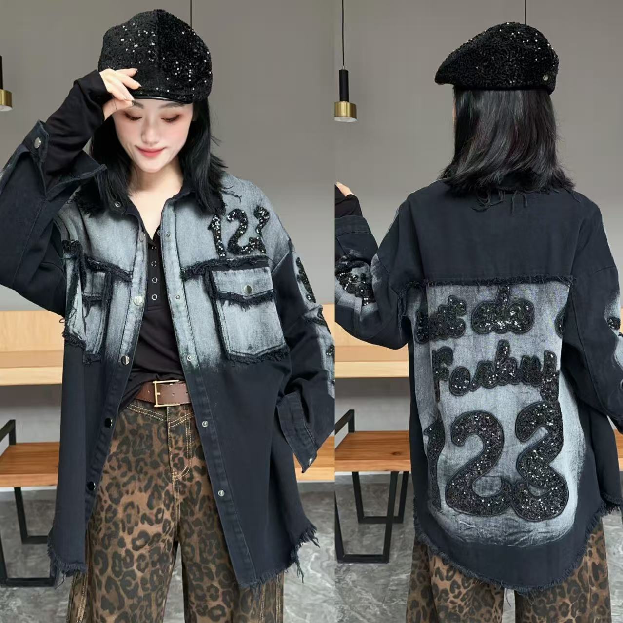【YJ·高定】2025早秋新款宽松百搭显瘦撞色拼接牛仔外套女   YY3038