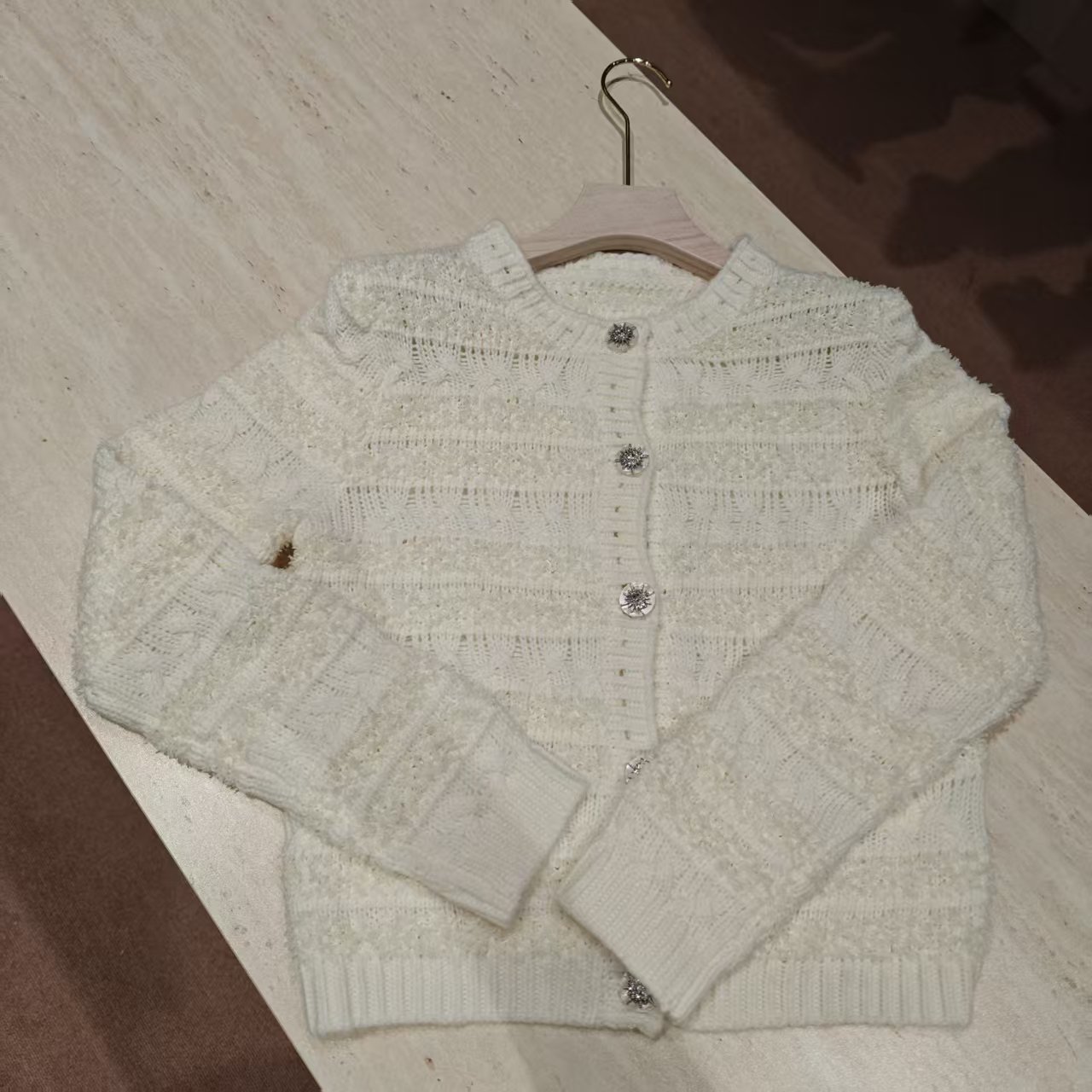 HEYU 镂空毛针织衫针织毛衣女圆领街头法式意式百搭针织-2572