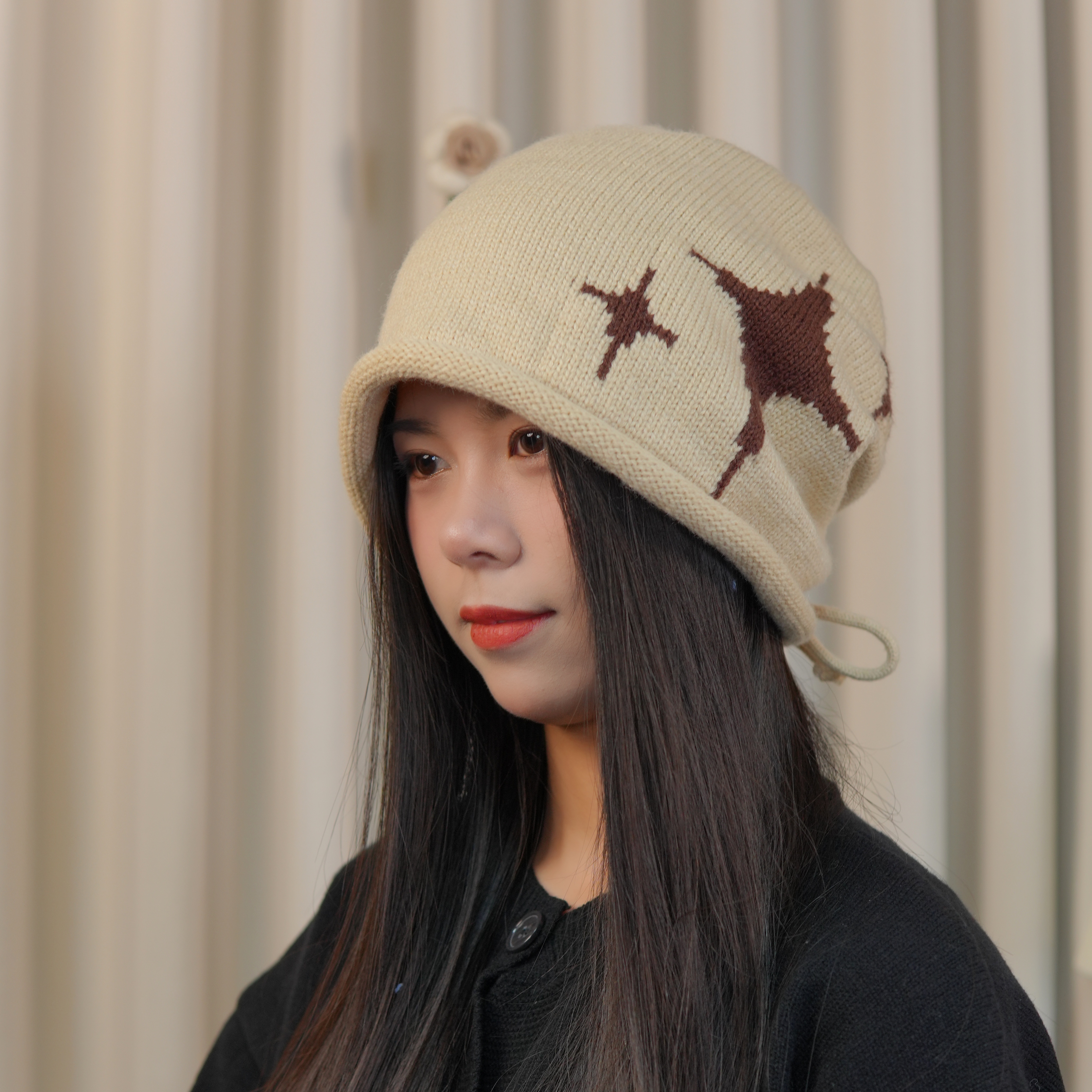 韩系ins复古星星抽绳针织包头帽女秋冬季2025新款甜酷辣妹毛线帽