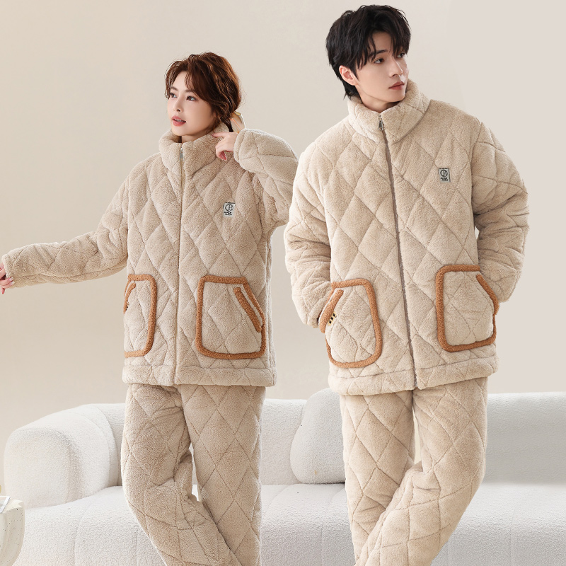 2025冬季保暖睡衣家居服套装情侣同款加绒加厚三层夹棉可外穿宽松