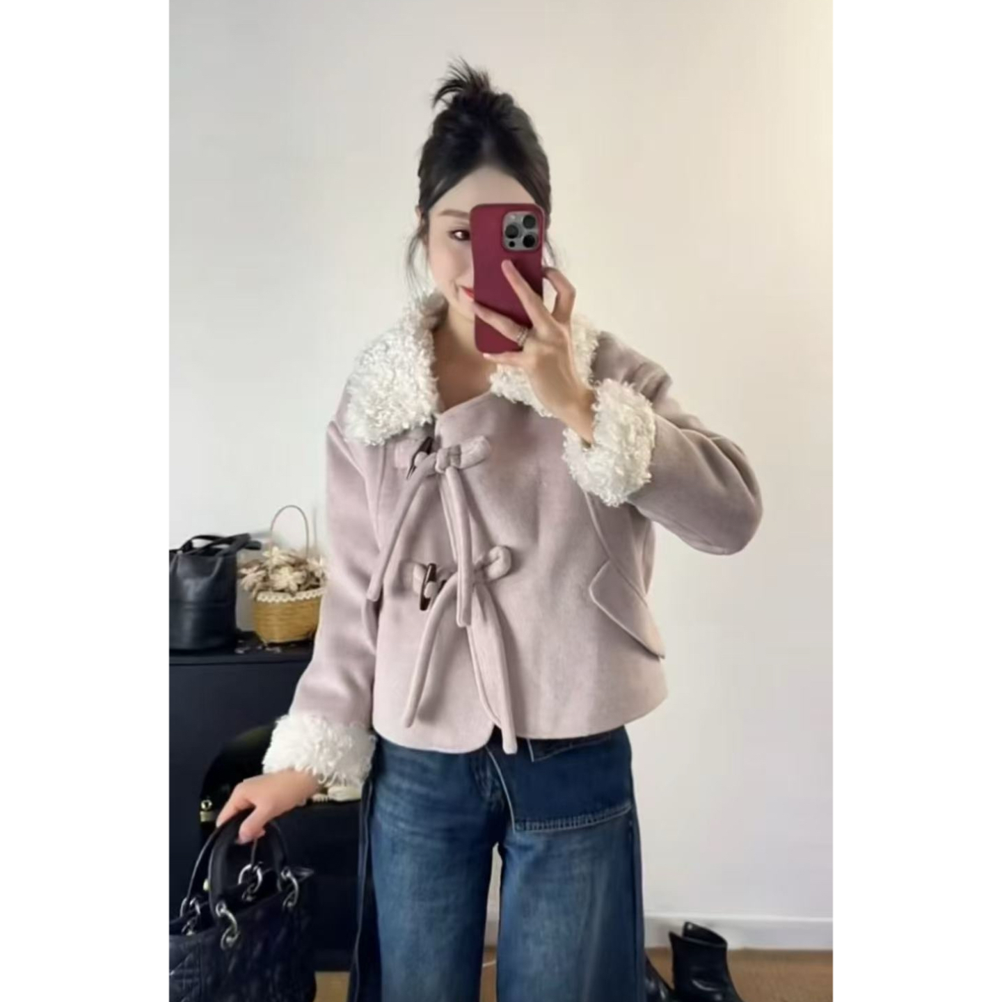 妮妮家8653冬季新款毛领韩系牛角扣温柔减龄加厚上衣外套