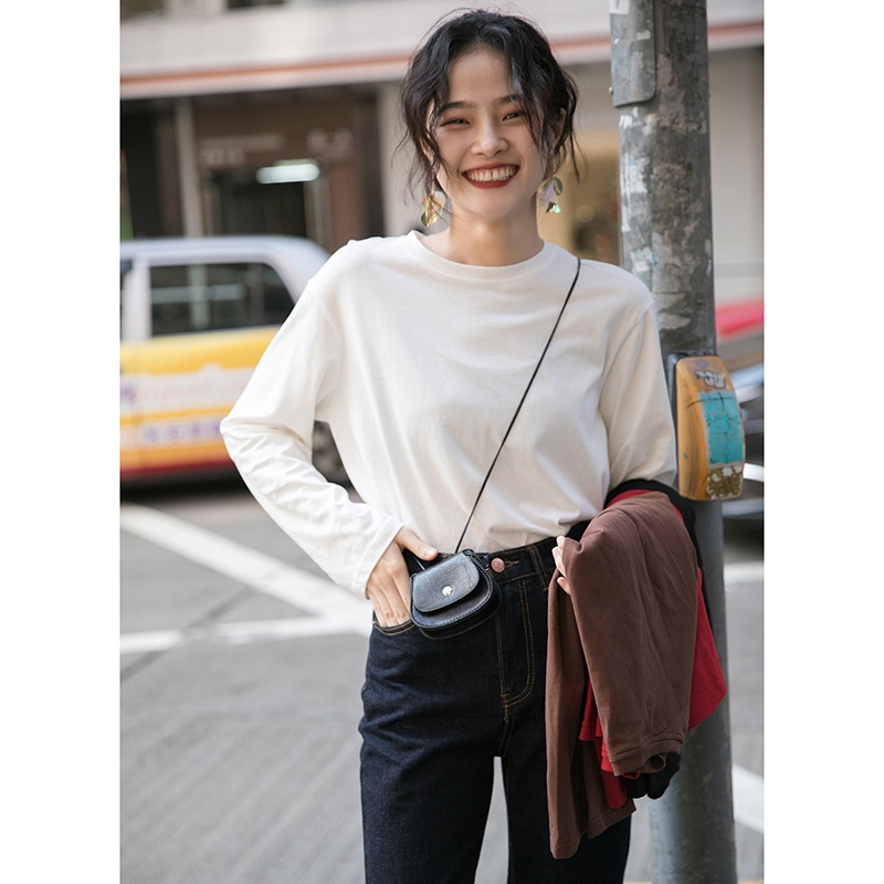 觅定白色内搭打底衫正肩长袖T恤圆领纯棉上衣纯色体恤白t恤DS6900