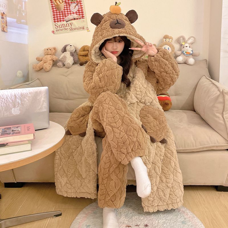 睡袍女士秋冬季三层夹棉加厚加绒珊瑚绒睡衣保暖中长款家居服特厚