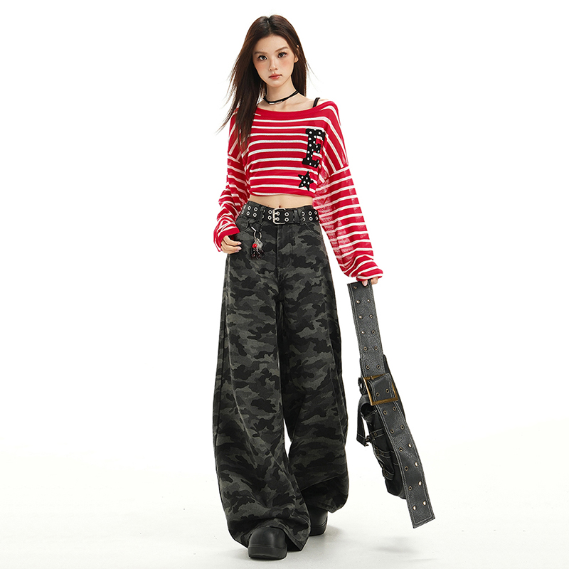 【E+】美式微喇迷彩工装直筒牛仔裤秋冬季新款高腰宽松阔腿拖地裤女