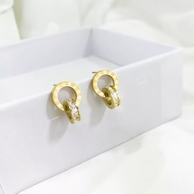 钛钢锆石耳饰 璀璨姐妹罗马双环钛钢耳钉YX007