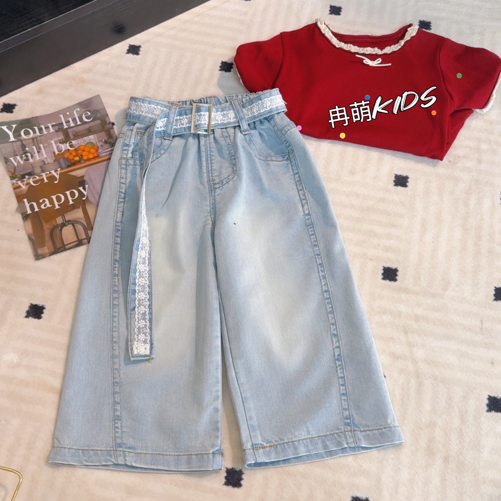 女童夏装裤子2025新款洋气儿童时髦夏季薄款牛仔裤中童九分阔腿裤