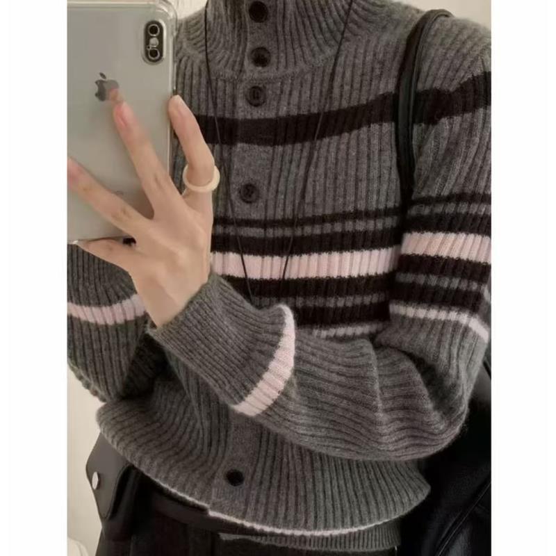 莹莹家/伦敦~100羊毛衫条纹圆扣开衫 117