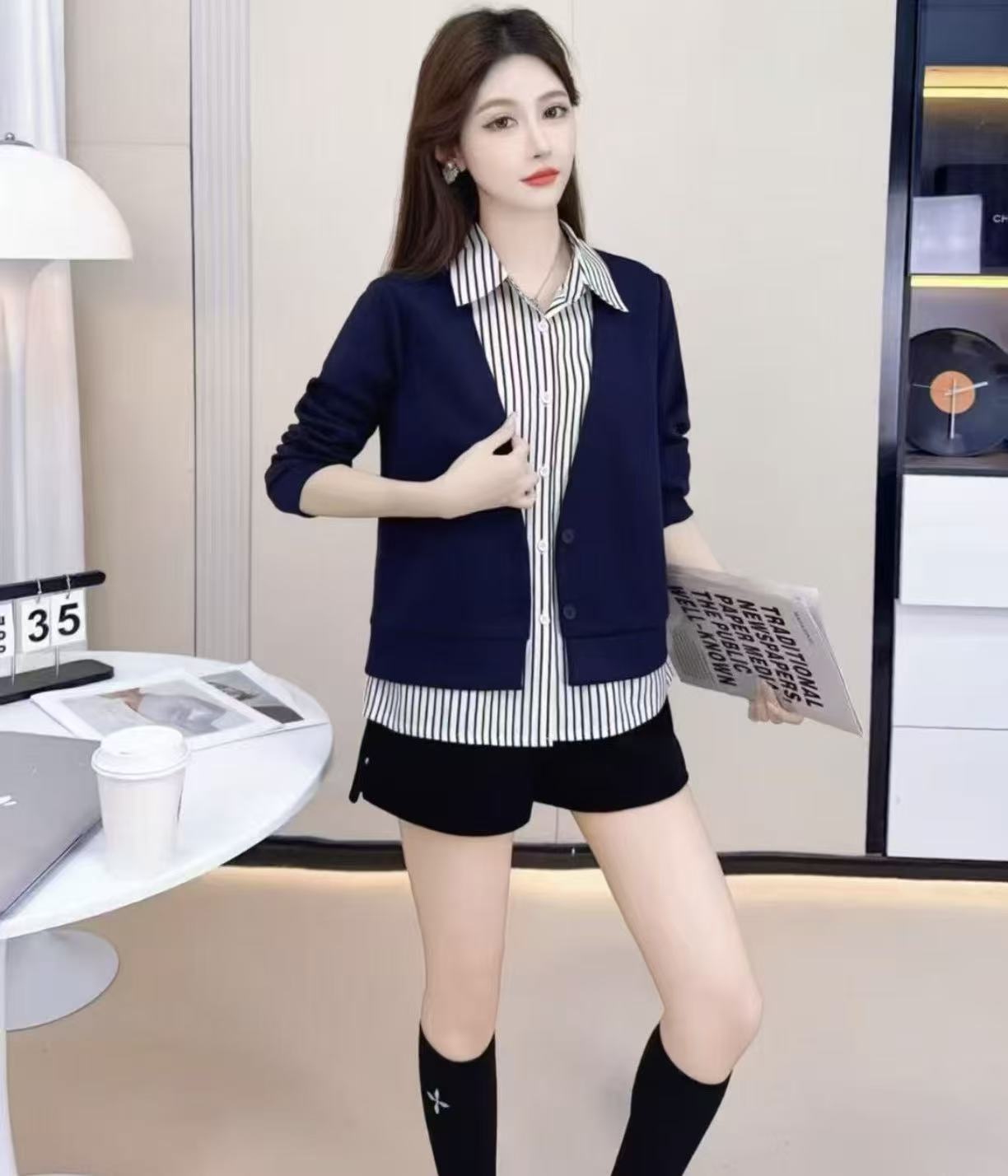 805#翻领条纹假两件衬衫上衣女休闲时尚百搭洋气春秋新款