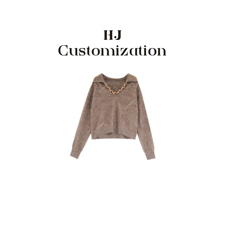 【郝洁】“人生毛衫”时尚法式V领重工亮片蚕丝羊绒拉毛翻领毛衣3519