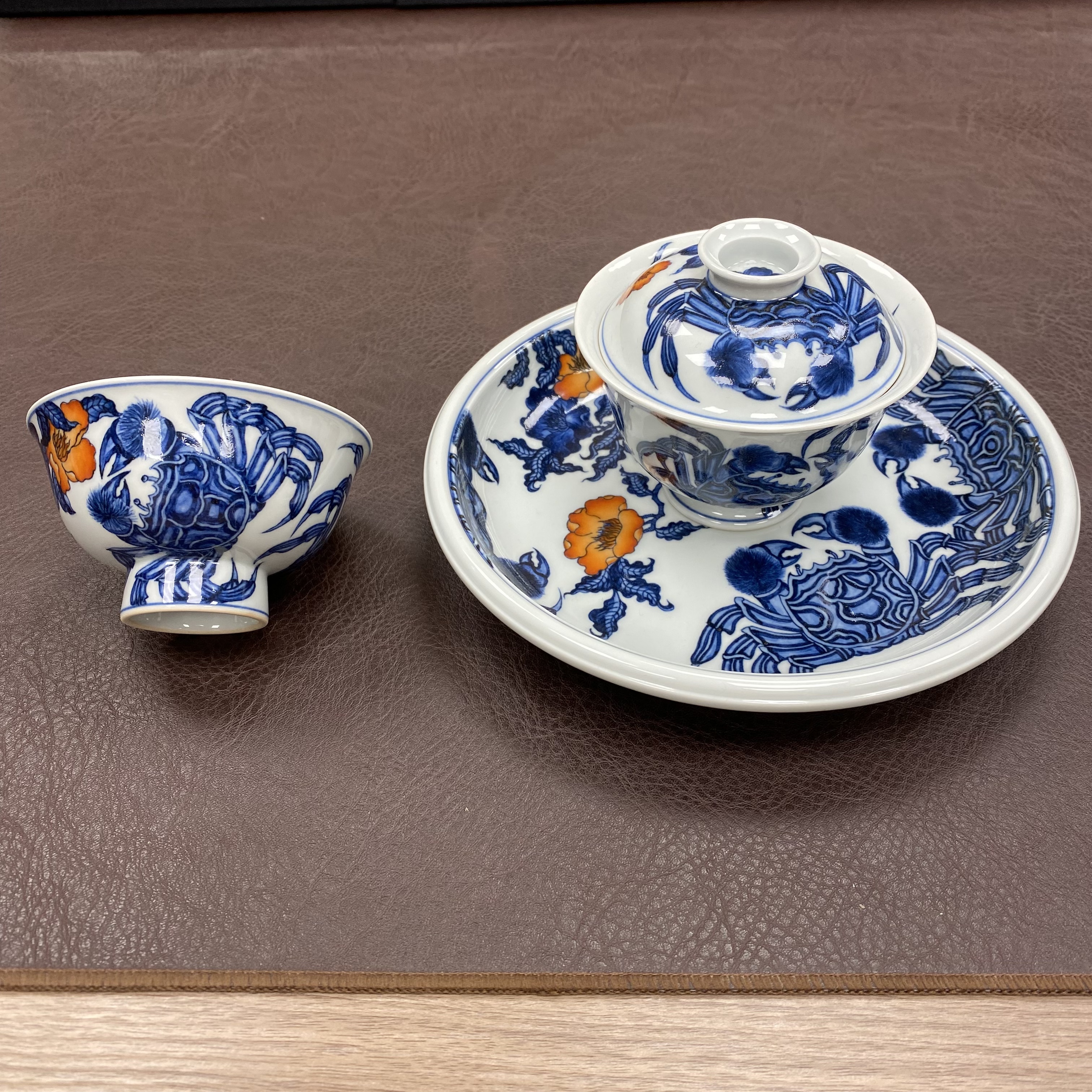 当代 又见春风青花矾红螃蟹三件套 纯手工景德镇手工纯手绘茶具
