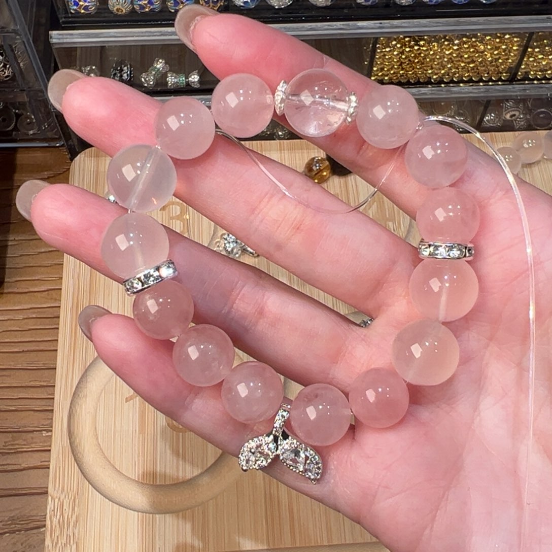 烟晶手链银S925镶嵌粉水晶高货diy手串