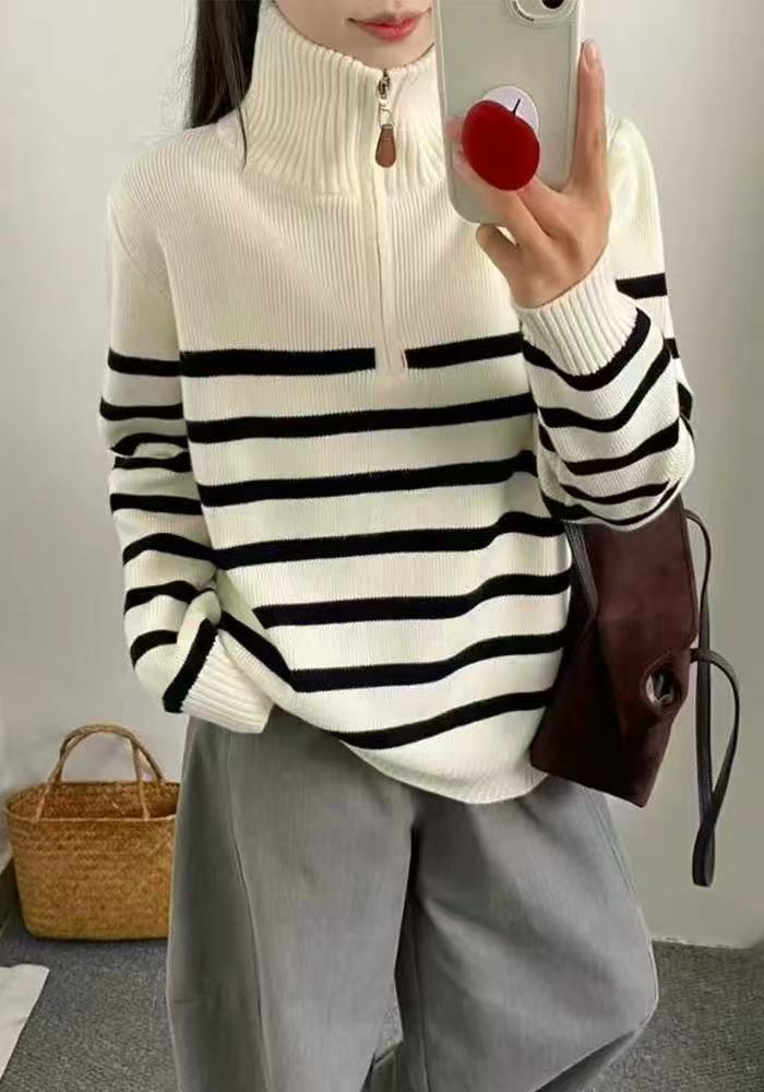 翻领立领半拉链条纹毛衣女秋季2025新款时尚洋气打底针织上衣