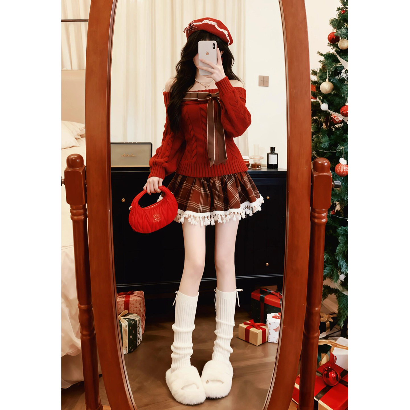 圣诞穿搭红色毛衣连衣裙女秋冬2025新款巨好看穿搭一整套短裙套装