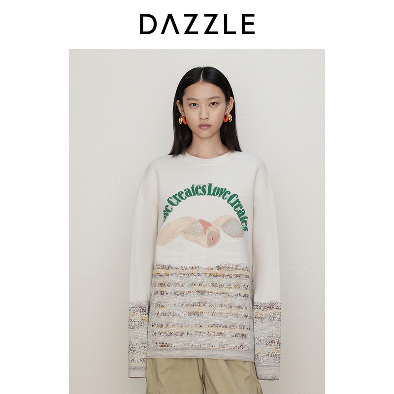 DAZZLE地素 毛针织衫2024年秋季女装雅丹风长袖提花毛衣2I3E423