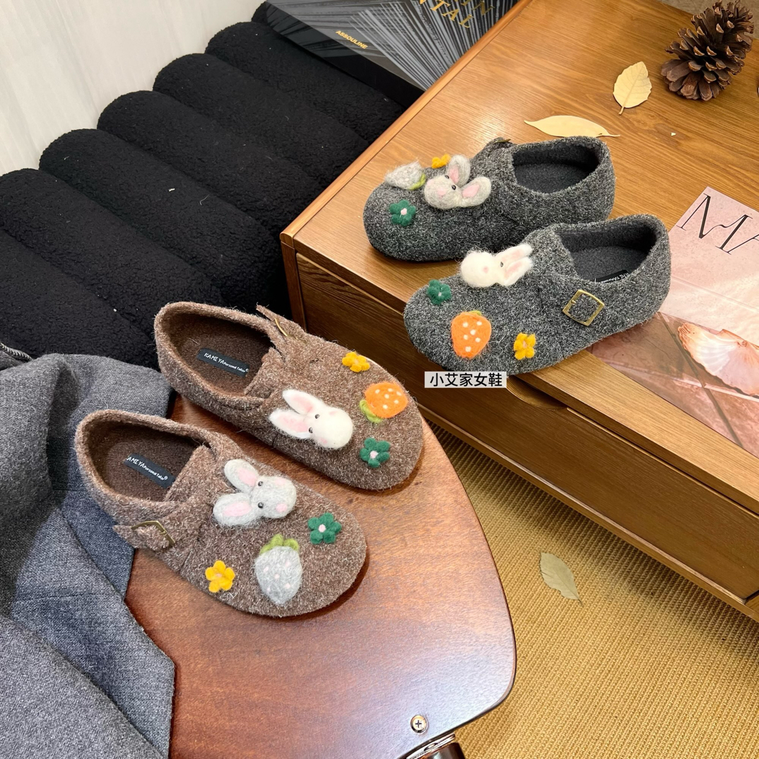 小艾家2025冬季新款毛绒兔子勃肯鞋加绒毛毛鞋外穿厚底包头鞋9066