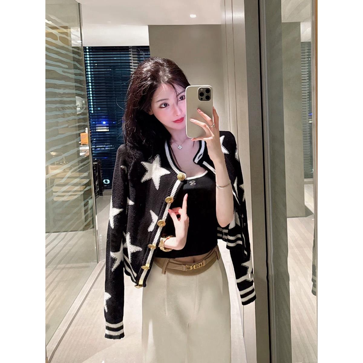 【KOWANG专属】撞色五角星名媛风针织开衫女气质减龄小香风衣外套