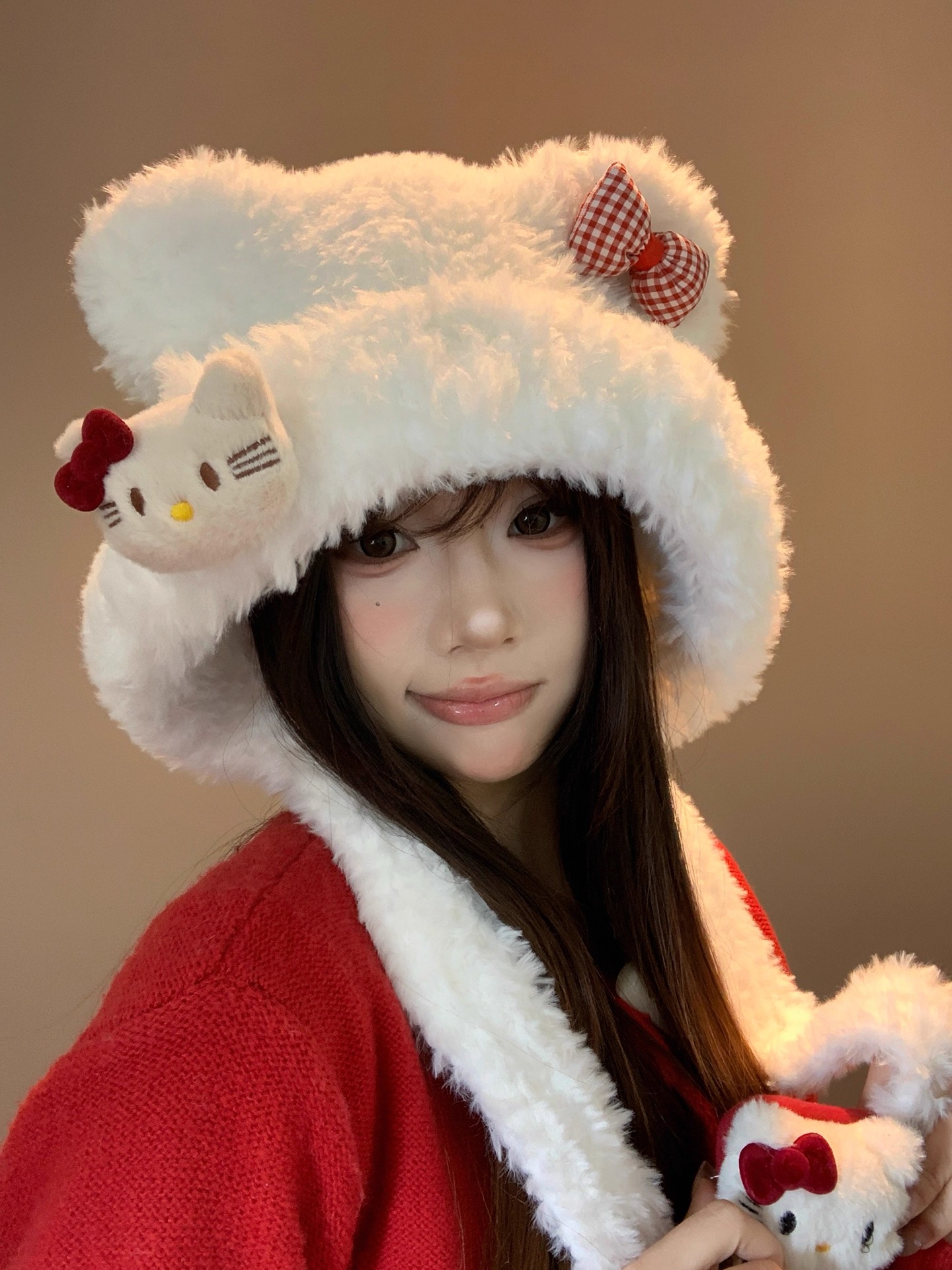 可爱猫咪蝴蝶结毛绒帽女秋冬季甜美加厚保暖防寒护耳加绒雷锋帽子