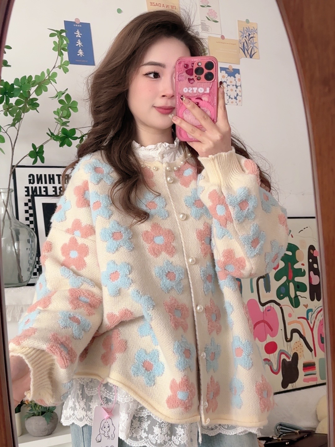 【杨杨服饰】大码花朵毛衣女2024秋冬新款百搭宽松针织衫外套上衣