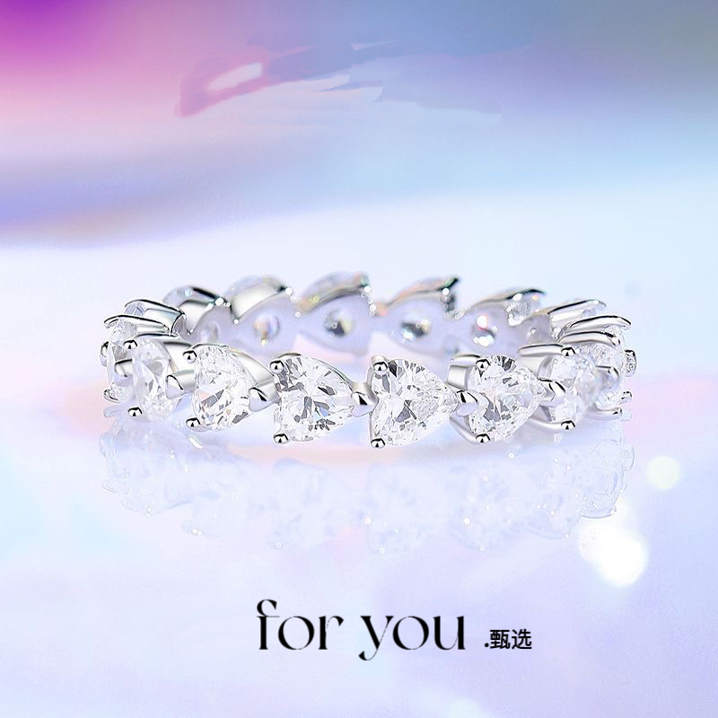 925银锆石戒指 纯银戒指爱心满钻排戒轻奢心形锆石百搭女款