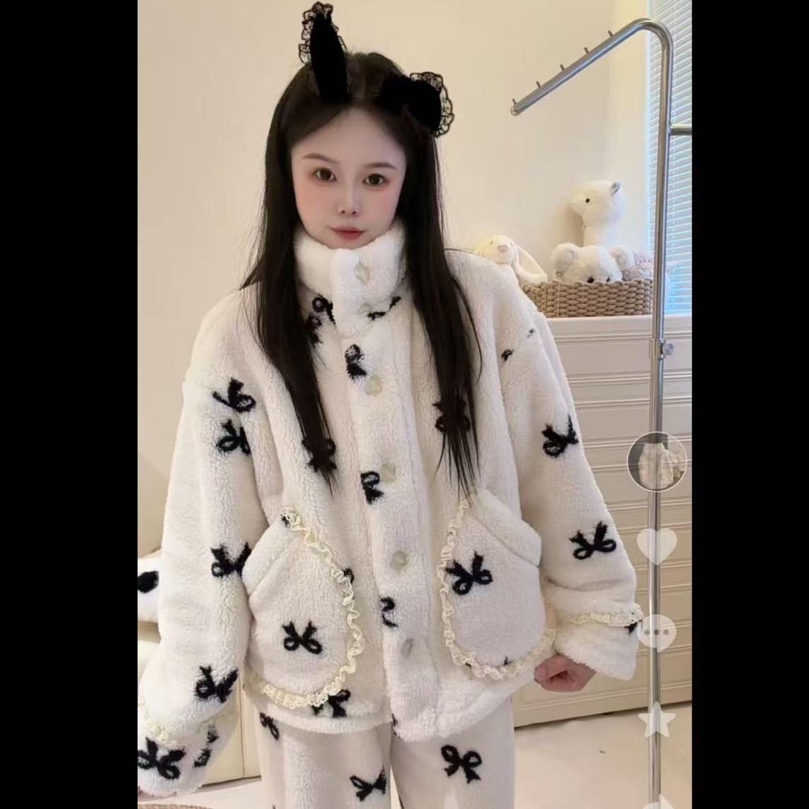 女冬季双面加绒加厚半暖休闲睡衣甜美蕾丝花边蝴蝶结家居服套装
