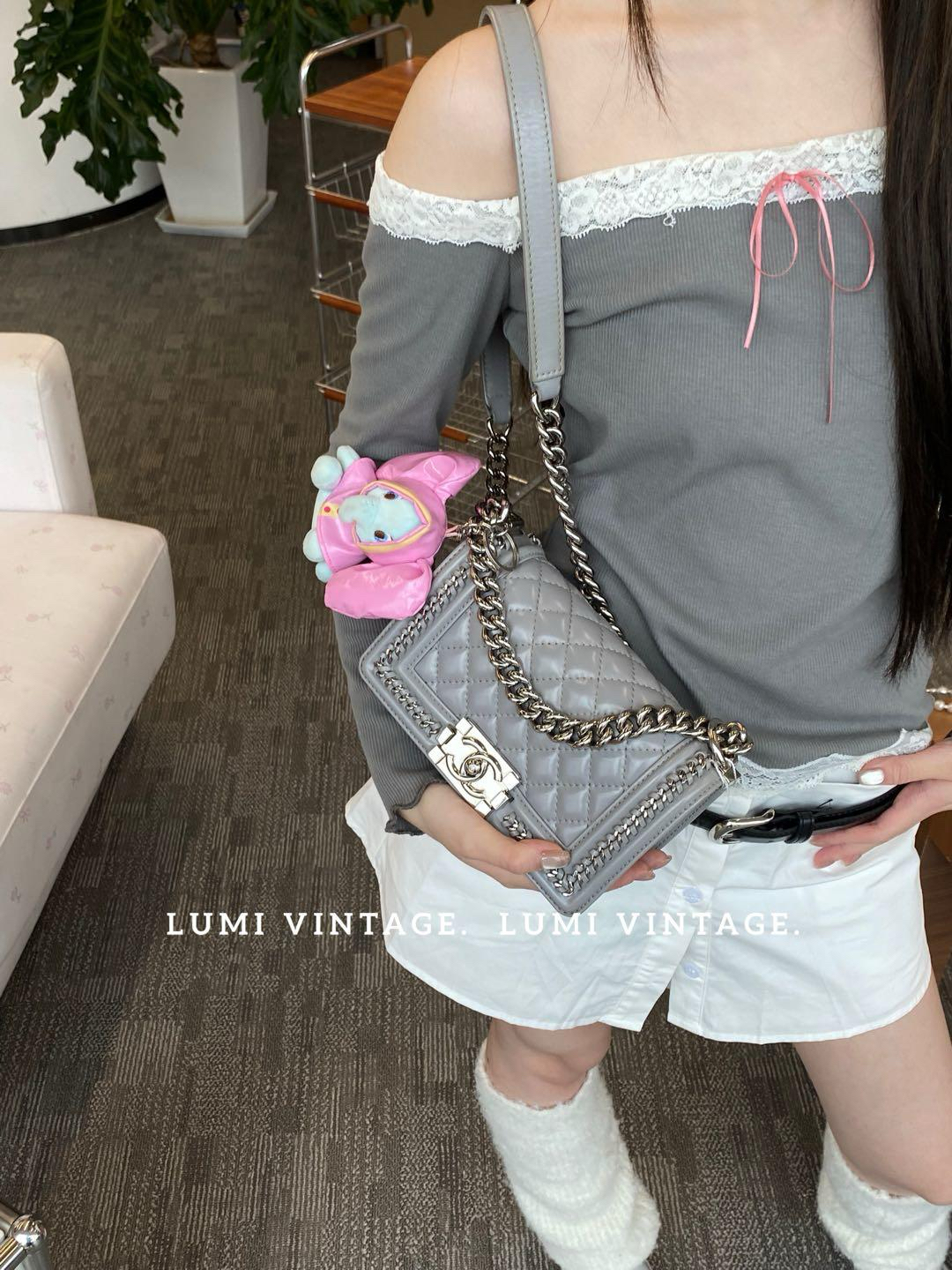 95新 Chanel/香奈儿 珍珠灰油蜡牛皮滚边小号leboy单肩包73984239