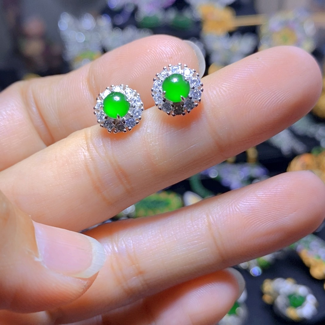 翡翠耳钉银S925镶嵌天然有机