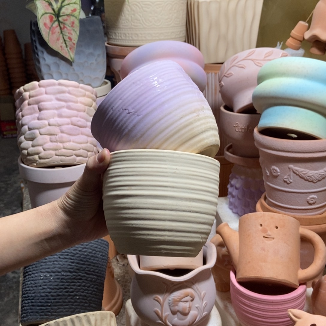 12×10拉丝盆 白+紫 粗陶2个