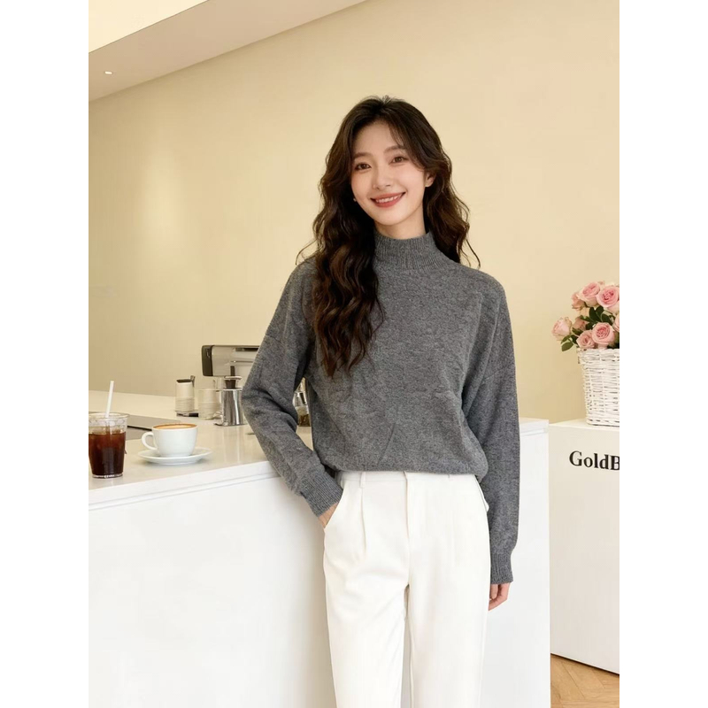 秋冬纯色基础款半高领羊毛针织衫女