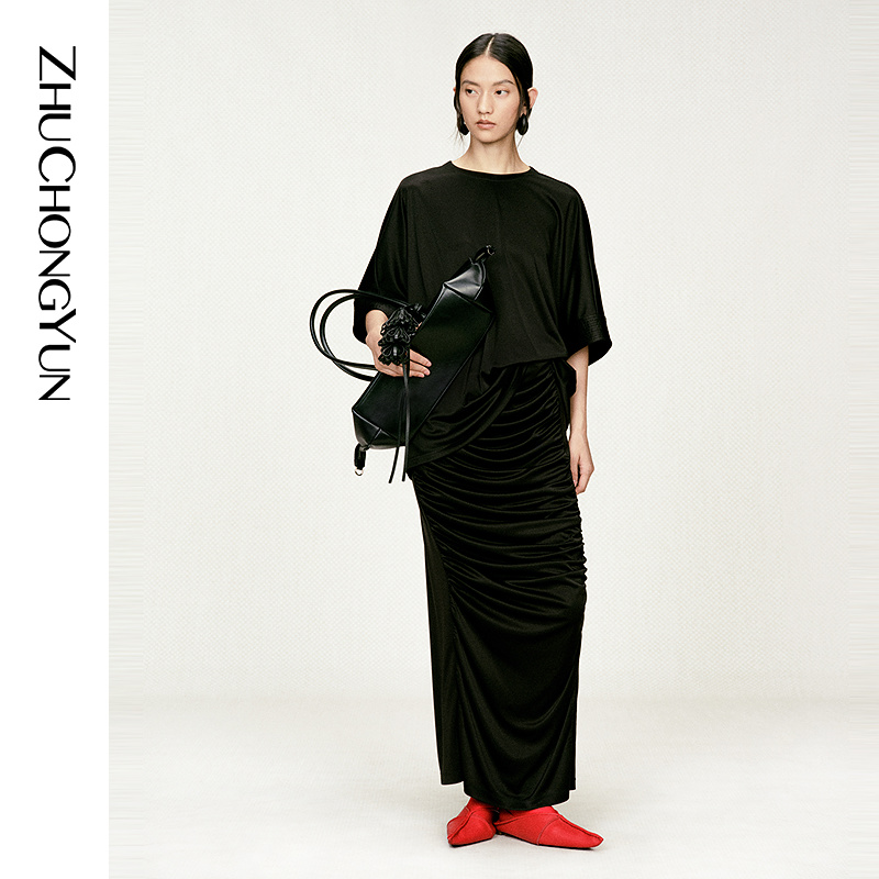 【醋酸混纺】ZHUCHONGYUN2026春新款典雅包身抽褶半身裙C1GB11902