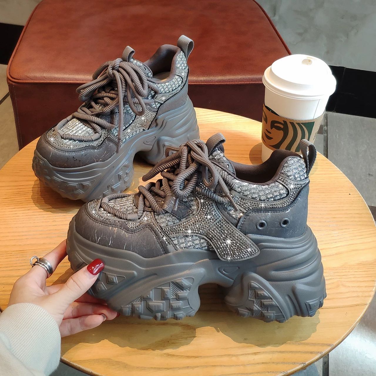 【皮面单里/加绒款】欧货厚底老爹鞋女冬季小个子休闲水钻运动鞋