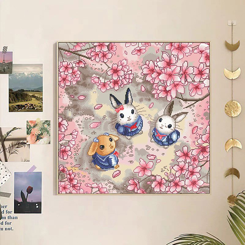 72大纯手工绣好十字绣成品439可爱治愈兔玄关挂画