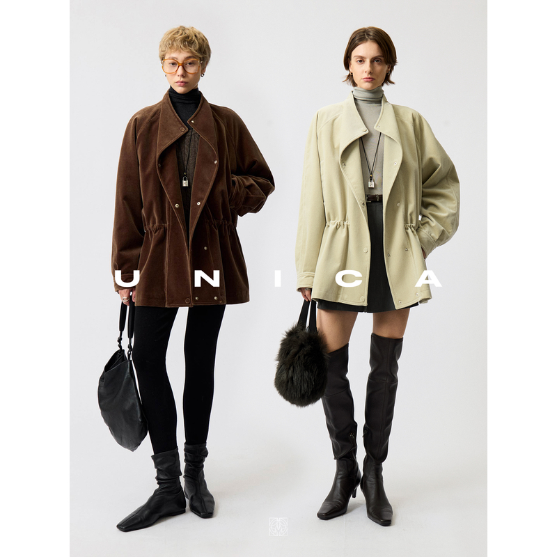 UNICA/抽绳收腰立领工装意大利进口人字纹灯芯绒光泽复古夹克外套